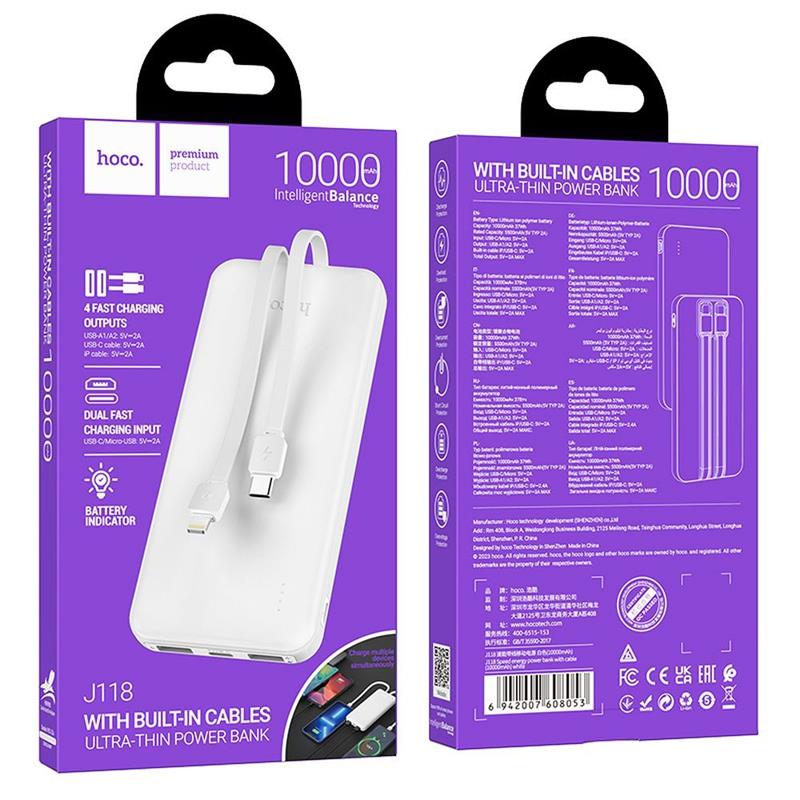 POWERBANK HOCO J118 10000 mAh 2A biały   2 X KABEL TYP C / LIGHTNING-94060