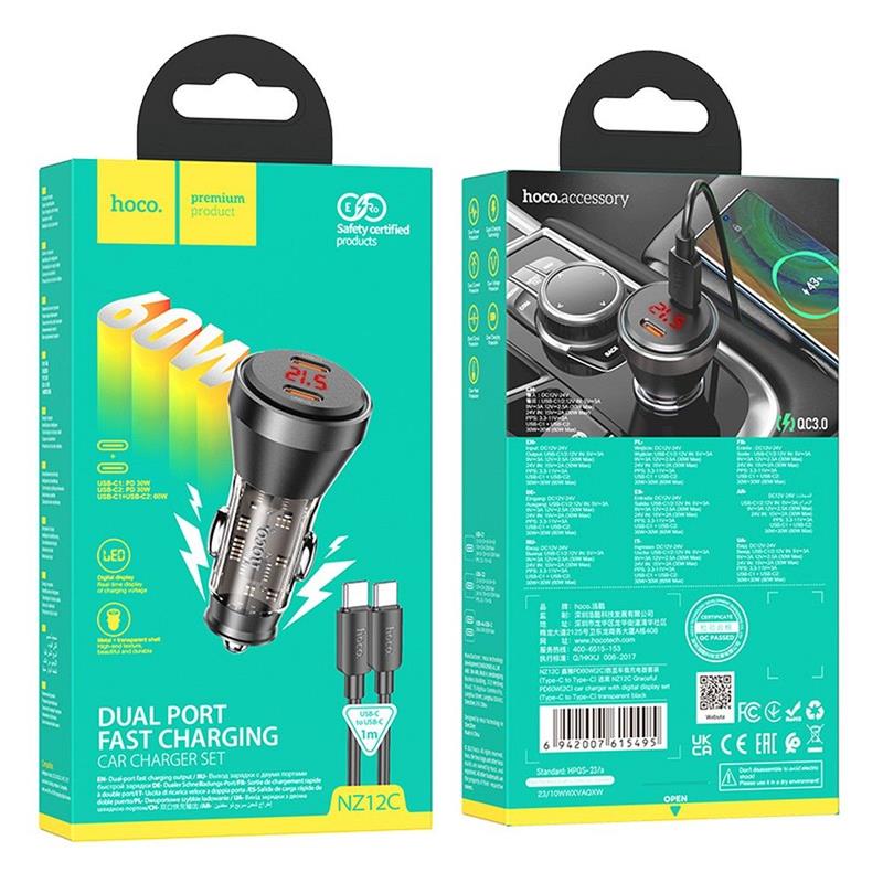 ŁADOWARKA SAMOCHODOWA HOCO NZ12C 2 X USB C PD 60W   KABEL TYP C / TYP C transparentna czarna-95145
