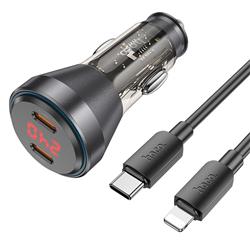 ŁADOWARKA SAMOCHODOWA HOCO NZ12C 2 X USB C PD 60W   KABEL TYP C / LIGHTNING Z WYŚWIETLACZEM transparentna czarna-95170