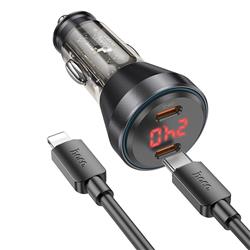 ŁADOWARKA SAMOCHODOWA HOCO NZ12C 2 X USB C PD 60W   KABEL TYP C / LIGHTNING Z WYŚWIETLACZEM transparentna czarna-95171