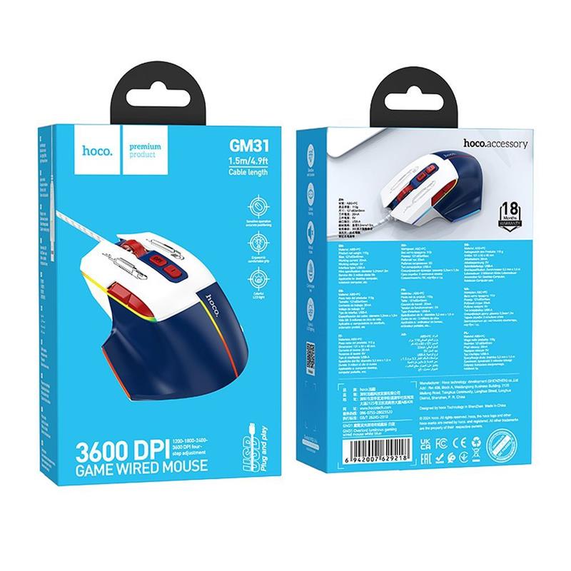 HOCO MYSZ KOMPUTEROWA GAMINGOWA PRZEWODOWA USB A 3600DPI GM31 biało niebieska-97881