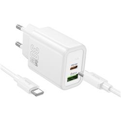 ŁADOWARKA SIECIOWA HOCO N63 3A 30W 1 X USB-A   1 X USB-C   KABEL TYP C / TYP C biała-103154