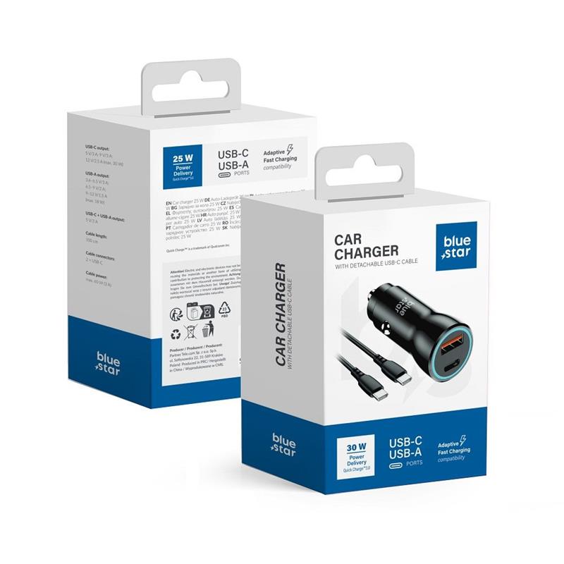 ŁADOWARKA SAMOCHODOWA BLUESTAR USB-C   USB-A   KABEL USB-C DO USB-C 30W czarna -105274