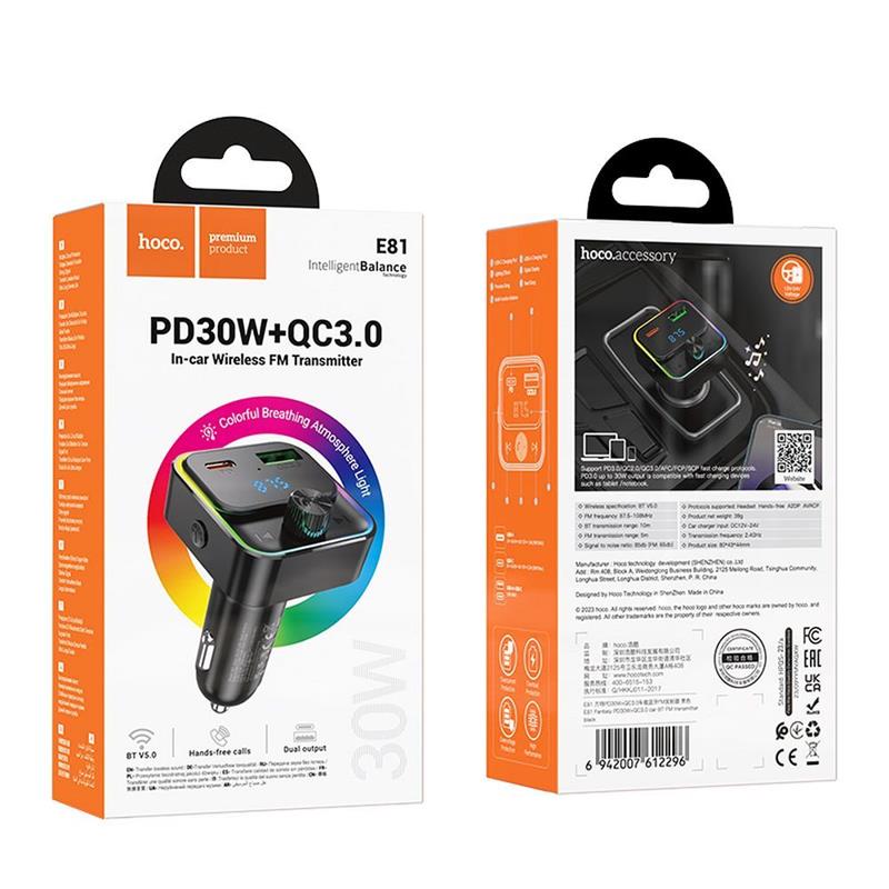 ŁADOWARKA SAMOCHODOWA HOCO   TRANSMITER FM BLUETOOTH E81 30W USB-A   USB-C czarny-105926