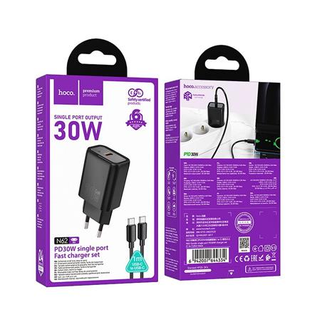 ŁADOWARKA SIECIOWA HOCO N62 30W 1 X USB-C   KABEL TYP C / TYP C czarna-107677
