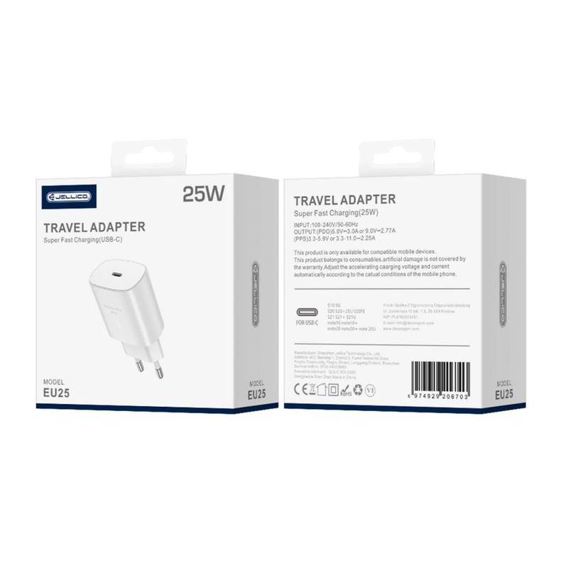 ŁADOWARKA SIECIOWA JELLICO EU25 1 X USB-C PD 25W WTYCZKA biała-107865