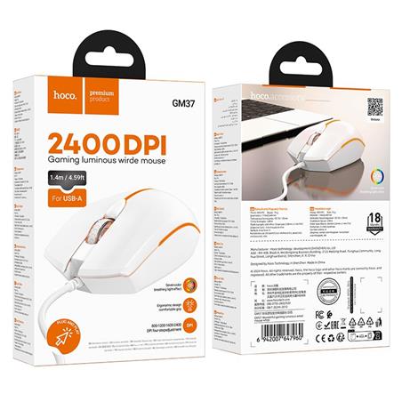 HOCO MYSZ KOMPUTEROWA GAMINGOWA PRZEWODOWA USB A 2400DPI GM37 biała-107916