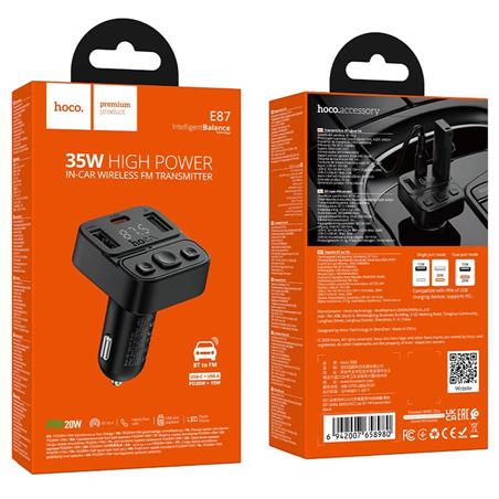 ŁADOWARKA SAMOCHODOWA HOCO   TRANSMITER FM BLUETOOTH 35W USB-A   USB-C 35W E87 czarny-110136