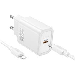 ŁADOWARKA SIECIOWA HOCO N62 30W 1 X USB-C   KABEL TYP C / LIGHTNING biała-111386