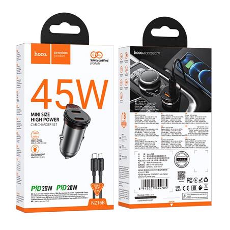 ŁADOWARKA SAMOCHODOWA HOCO NZ16B 2 X USB-C QC PD 45W   KABEL TYP C - LIGHTNING szara
6942007644785-111379