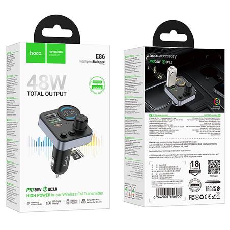 ŁADOWARKA SAMOCHODOWA HOCO   TRANSMITER FM BLUETOOTH 48W QC 3.0 E86 czarny-112452