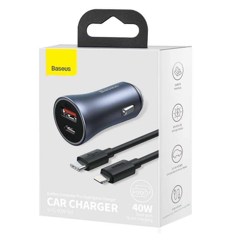 ŁADOWARKA SAMOCHODOWA BASEUS GOLDEN CONTACTOR 1XUSB-C   1XUSB   KABEL TYP C / LIGHTNING 40W szara 
6953156207639
BRA012939-112