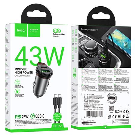 ŁADOWARKA SAMOCHODOWA HOCO NZ16A 1 X USB-A   1 X USB-C QC3.0 PD 43W   KABEL TYP C - TYP C szara
-112997