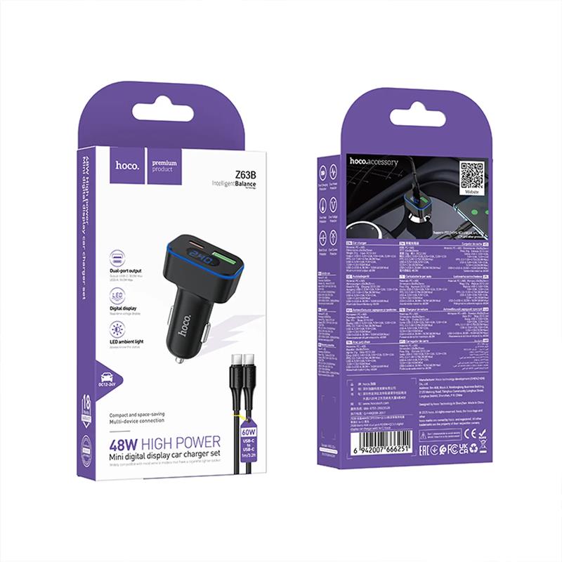 ŁADOWARKA SAMOCHODOWA HOCO Z63B 1 X USB-A   1 X USB-C QC3.0 PD 48W   KABEL TYP C - TYP C czarna-116076