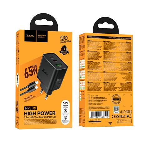 ŁADOWARKA SIECIOWA HOCO N75 65W 2 X USB-C   USB-A   KABEL TYP C / TYP C czarna 
6942007673846-116883