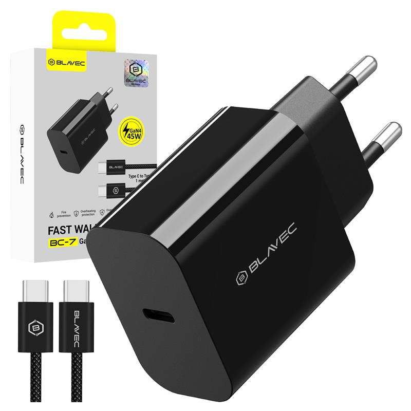 ŁADOWARKA SIECIOWA BLAVEC BC-7 GaN4 TYP C 45W 3A   KABEL TYP C / TYP C czarna 
(TCBC7G4-CB453A)-117602