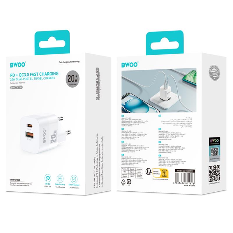 ŁADOWARKA SIECIOWA BWOO PD CDA156 1 X USB-C 1 X USB 20W biała 
6933654811873
GSM183268-117705
